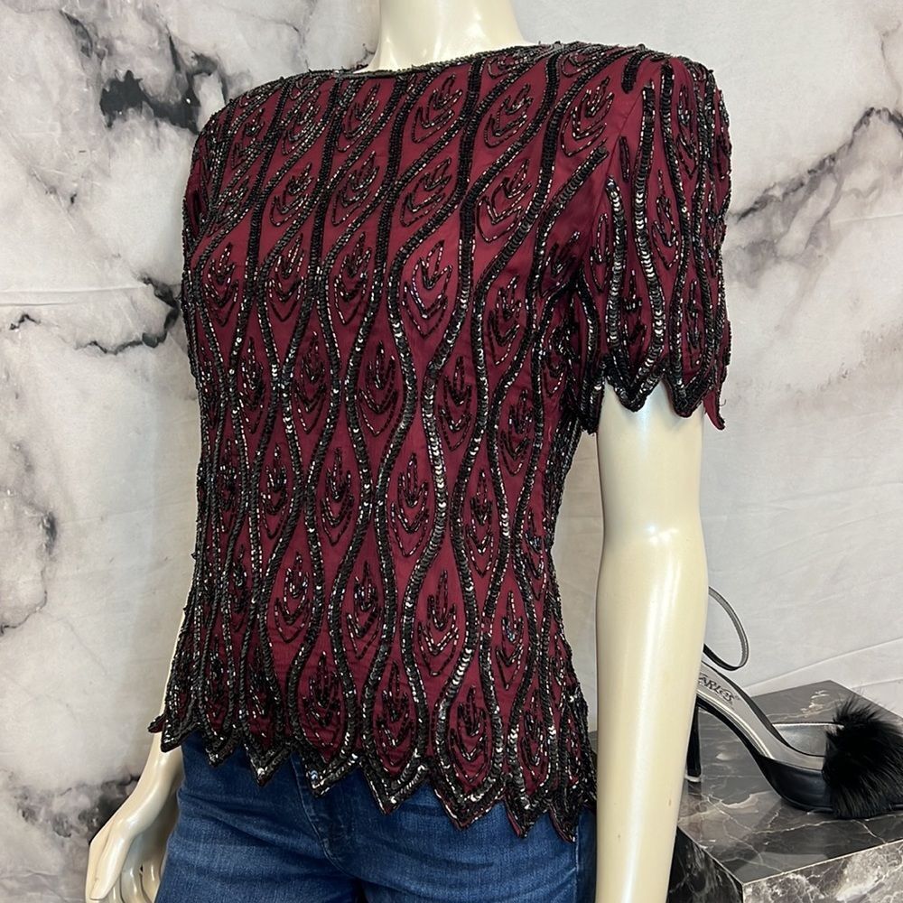 *Maroon and black beaded sequence evening top brand stenay - Picture 8 of 10